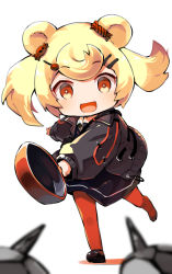 Rule 34 | 1girl, animal ears, arknights, bear ears, black dress, black footwear, black jacket, blonde hair, blurry, blurry foreground, candy, candy hair ornament, candy wrapper, colored shadow, depth of field, dress, food, food-themed hair ornament, frying pan, gummy (arknights), hair ornament, hairclip, highres, holding, jacket, lollipop, long sleeves, pantyhose, puffy long sleeves, puffy sleeves, red pantyhose, shadow, shoes, solo, standing, standing on one leg, swirl lollipop, twintails, white background, youhei 64d