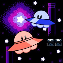 Rule 34 | black background, black eyes, flying, highres, kirby, kirby&#039;s adventure, kirby (series), limited palette, nintendo, no humans, pillar, sasakinao, solid oval eyes, sparkle, star (symbol), ufo, ufo (kirby)