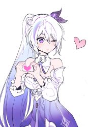 Rule 34 | + +, 1girl, 5rwpvc, absurdres, bare shoulders, blue eyes, blue hair, detached sleeves, dress, hair ribbon, heart, heart hands, highres, honkai (series), honkai impact 3rd, kiana kaslana, long sleeves, looking at viewer, multicolored hair, one eye closed, purple dress, purple hair, purple pupils, purple ribbon, ribbon, solo, strapless, strapless dress, upper body, white hair