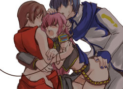 Rule 34 | 1boy, 2girls, bad id, bad pixiv id, bisexual female, blue hair, blush, brown hair, butt crack, closed eyes, clothed sex, doggystyle, ffm threesome, from behind, group sex, hand on another&#039;s head, hug, kaito (vocaloid), long hair, megurine luka, meiko (vocaloid), mizunoto+, multiple girls, nail polish, no panties, open mouth, pink hair, saliva, sandwiched, sex, sex from behind, sexual coaching, short hair, simple background, sketch, threesome, tongue, vocaloid
