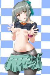 Rule 34 | 1girl, blush, breasts, checkered background, dd (ijigendd), green ribbon, green skirt, grey hair, groin, hair ribbon, head tilt, highres, kantai collection, lace, lace-trimmed panties, lace trim, looking at viewer, loose skirt, navel, panties, panties under pantyhose, pantyhose, ponytail, ribbon, self exposure, skirt, small breasts, smile, solo, striped, striped background, underboob, underwear, white panties, yellow eyes, yuubari (kancolle)