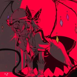 Rule 34 | 1girl, arm support, bow, commentary, commentary request, flandre scarlet, gloves, grin, hair between eyes, hat, hat bow, kneeling, laevatein, looking at viewer, mob cap, monochrome, nyong nyong, one side up, pointy ears, puffy short sleeves, puffy sleeves, red background, red eyes, red theme, shirt, short hair, short sleeves, skirt, smile, solo, symbol-only commentary, touhou, tsurime, vest, wings