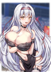 Rule 34 | 1girl, absurdres, azur lane, breasts, choker, cleavage, cosplay, covering privates, covering breasts, dress, hairband, highres, historical name connection, kanesada dp, kantai collection, large breasts, name connection, official alternate costume, race queen, racetrack, shoukaku (azur lane), shoukaku (azur lane) (cosplay), shoukaku (kancolle), shoukaku (sororal wings) (azur lane), thighhighs