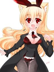 Rule 34 | 1girl, :d, animal ear fluff, animal ears, black jacket, blonde hair, blush, breasts, cat ears, cleavage, commentary request, fake animal ears, fang, fishnet pantyhose, fishnets, frilled jacket, frills, grey pantyhose, groin, hair between eyes, hairband, hand up, highres, jacket, kanijiru, leotard, long hair, long sleeves, looking at viewer, medium breasts, open mouth, original, pantyhose, playboy bunny, rabbit ears, red eyes, red hairband, red leotard, signature, simple background, sleeves past wrists, smile, solo, very long hair, white background