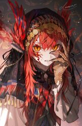 1girl claws facial_mark feather_hair_ornament feathers hair_ornament hand_on_own_face headdress highres long_hair monster_girl orange_eyes original ozaki_domino parted_lips puffy_sleeves red_hair scales signature slit_pupils solo upper_body