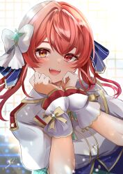 Rule 34 | 1girl, blush, hair ornament, hair ribbon, heterochromia, highres, hololive, hololive idol uniform (bright), houshou marine, idol, idol clothes, long hair, looking at viewer, mikazuki cocolo, nail polish, open mouth, red eyes, red hair, red nails, ribbon, shirt, smile, solo, virtual youtuber, white shirt, wrist cuffs, yellow eyes