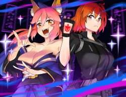 Rule 34 | 2girls, absurdres, ahoge, animal ear fluff, animal ears, bare shoulders, black cloak, black jacket, black scrunchie, blue kimono, blue ribbon, breasts, chaldea uniform, cleavage, cloak, collarbone, command spell, detached sleeves, double fox shadow puppet, fangs, fate/extella, fate/extra, fate/extra ccc, fate/grand order, fate (series), fox ears, fox girl, fox shadow puppet, fox tail, fujimaru ritsuka (female), fujimaru ritsuka (female) (polar chaldea uniform), hair ornament, hair ribbon, hair scrunchie, highres, jacket, japanese clothes, kimono, large breasts, monkey jon, multiple girls, open mouth, orange eyes, orange hair, orange scrunchie, pink hair, polar chaldea uniform, puff and slash sleeves, puffy sleeves, ribbon, scrunchie, side ponytail, tail, tamamo (fate), tamamo no mae (fate/extra), yellow eyes, yellow scrunchie