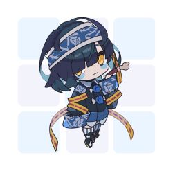 Rule 34 | 1girl, :3, bags under eyes, black footwear, black jacket, blue flower, blue hair, blue hairband, blue rose, chibi, closed mouth, collared shirt, commentary request, floral print, flower, full body, hairband, hajime (hajime-ill-1st), hand up, holding, holding smoking pipe, indie virtual youtuber, jacket, jiangshi, long sleeves, looking at viewer, one eye covered, rose, shirt, shoes, short hair, smile, smoking pipe, solo, striped clothes, striped thighhighs, thighhighs, virtual youtuber, wide sleeves, yellow eyes, yosumi (vtuber)