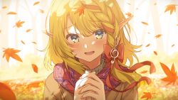 Rule 34 | 1girl, autumn leaves, blonde hair, blue eyes, blush, bow, character request, copyright request, fortissimo, green eyes, hair bow, hair ornament, highres, leaf, lips, long hair, looking at viewer, multicolored eyes, musical note, musical note hair ornament, narumi nanami, open mouth, outdoors, own hands together, pointy ears, red bow, red scarf, scarf, smile, solo, treble clef, upper body