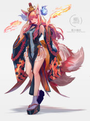 Rule 34 | 1girl, animal ear fluff, animal ears, blue fire, clog sandals, detached sleeves, fire, floating hair, folding fan, fox ears, fox tail, full body, grey background, hand fan, hand up, highres, holding, holding fan, inabi, inari, long hair, long sleeves, looking at viewer, multiple tails, nail polish, okobo, original, pelvic curtain, pleated skirt, purple socks, red hair, sandals, simple background, skirt, socks, solo, standing, tail, two tails, white background, white skirt, wide sleeves