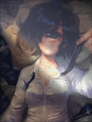 Rule 34 | 1girl, bad id, bad pixiv id, black hair, cyclops, dress shirt, highres, jcm2, looking at viewer, lying, monster girl, necktie, no mouth, on back, one-eyed, original, shirt, short hair, solo, undone necktie, upper body