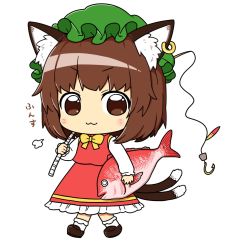 Rule 34 | 1girl, :3, animal, animal ear fluff, animal ears, bobby socks, bow, bowtie, brown eyes, brown footwear, brown hair, cat ears, chen, chibi, closed mouth, earrings, fish, fishing rod, full body, green hat, hat, highres, holding, holding animal, holding fish, holding fishing rod, jewelry, long sleeves, looking at viewer, mob cap, oninamako, petticoat, puff of air, puffy long sleeves, puffy sleeves, red skirt, red vest, sea bream, short hair, simple background, single earring, skirt, socks, solo, touhou, v-shaped eyebrows, vest, walking, white background, white socks, yellow bow, yellow bowtie
