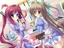 Rule 34 | 2girls, aigusa mari, apron, blue dress, blue eyes, blush, breasts, brown eyes, brown hair, can fes, cooking, dress, faucet, frying pan, hair ribbon, hinamatsuri touko, holding, kitchen, ladle, large breasts, long hair, long sleeves, looking at viewer, looking back, lowres, multiple girls, open mouth, oven, pink apron, ponytail, pot, puffy sleeves, red hair, ribbon, sink, skirt, source request, spatula, toyohime minori, twintails