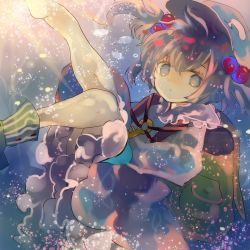 Rule 34 | 1girl, backpack, bag, barefoot, black hair, blue eyes, boots, unworn boots, bubble, cha goma, dress, floating hair, frilled skirt, frills, hair bobbles, hair ornament, kawashiro nitori, light rays, light trail, long sleeves, looking at viewer, md5 mismatch, resized, resolution mismatch, shirt, shoes, short hair, single shoe, skirt, skirt set, solo, source larger, sunbeam, sunlight, touhou, twintails, two side up, underwater, water, wet, wet clothes