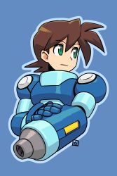 Rule 34 | 1girl, arm cannon, blue background, blue outline, brown hair, commentary request, green eyes, hair between eyes, highres, looking away, looking to the side, mega man (series), mega man legends (series), mega man volnutt, muu (mumumer), outline, simple background, solo, weapon