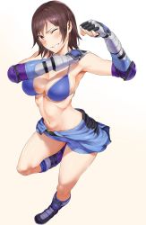 Rule 34 | 1girl, arm up, armpits, belt, bikini, bikini top only, blue bikini, blue footwear, blue shorts, blue socks, boots, breasts, brown hair, cleavage, clothes around waist, elbow pads, fingerless gloves, foreshortening, full body, gloves, gradient background, grin, hand guard, hand on own shoulder, highres, hiiragi yuuichi, kazama asuka, knee boots, kneehighs, large breasts, looking at viewer, midriff, navel, purple eyes, shirt, shirt around waist, short hair, short shorts, shorts, simple background, smile, socks, solo, standing, standing on one leg, stomach, swimsuit, teeth, tekken, white background