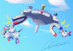 Rule 34 | artist request, blue sky, carrying, closed eyes, creatures (company), day, evolutionary line, floating, full body, game freak, gen 1 pokemon, gen 4 pokemon, happy, looking at viewer, magnemite, magnet, magneton, magnezone, multiple others, nintendo, no humans, pokemon, pokemon (creature), pokemon ability, red eyes, signature, simple background, sky