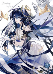 Rule 34 | 1girl, absurdres, ahoge, arknights, armband, armlet, astesia (arknights), bare shoulders, bird, black hair, blue eyes, blue flower, blue hair, blue rose, chinese commentary, dress, feathers, flower, frilled dress, frills, gloves, gold trim, hair between eyes, hair ornament, highres, holding, jewelry, long hair, looking to the side, microphone, multicolored hair, official alternate costume, open mouth, rose, scarlett (artist), see-through, signature, sleeveless, sleeveless dress, solo, star (symbol), streaked hair, teeth, two-tone hair, upper teeth only, white gloves, wristband