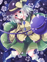 Rule 34 | 1girl, blouse, blue background, floral background, flower, foreshortening, frilled shirt, frills, green eyes, hands in opposite sleeves, hat, hat ribbon, heart, heart-shaped pupils, highres, kneehighs, komeiji koishi, long sleeves, looking at viewer, mary janes, mimoto (aszxdfcv), open mouth, ribbon, rose, shirt, shoes, short hair, silver hair, skirt, socks, solo, symbol-shaped pupils, third eye, touhou, white socks, yellow shirt