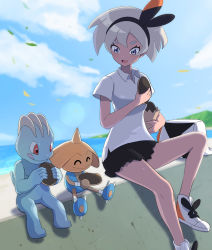 Rule 34 | 1girl, :d, bea (pokemon), black hairband, cloud, collared shirt, commentary request, creatures (company), dark-skinned female, dark skin, day, dorayaki, eyelashes, food, game freak, gen 1 pokemon, gen 2 pokemon, grey hair, gym leader, hairband, highres, hitmontop, holding, holding food, looking at another, looking to the side, machop, nintendo, open mouth, outdoors, pokemon, pokemon (creature), pokemon swsh, shirt, shoes, short hair, short sleeves, sitting, sky, smile, sozai, tongue, wagashi, white shirt