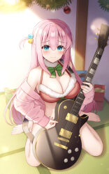 Rule 34 | 1girl, absurdres, bare shoulders, barefoot, bikini, blue eyes, blush, bocchi the rock!, bow, bowtie, breasts, christmas, cleavage, closed mouth, commentary request, cube hair ornament, electric guitar, foot out of frame, gibson les paul, gift, gotoh hitori, green bow, green bowtie, guitar, hair between eyes, hair ornament, halterneck, highres, holding, holding instrument, indoors, instrument, jacket, jacket partially removed, large breasts, lens flare, long bangs, long hair, long sleeves, looking at viewer, one side up, open clothes, open jacket, pink hair, pink jacket, sitting, sleeves past wrists, solo, sunlight, swimsuit, tatami, track jacket, wariza, yukiunag1