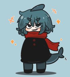 Rule 34 | 1girl, black footwear, black jacket, blue background, blue eyes, blue hair, blue pantyhose, blush, commentary request, commentary typo, fins, fish tail, fuka-chan, full body, grin, hair between eyes, highres, jacket, original, pantyhose, red scarf, scarf, shadow, shark tail, sharp teeth, shoes, short eyebrows, simple background, smile, solo, standing, tail, teeth, thick eyebrows, uni souchou