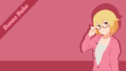 Rule 34 | 1girl, absurdres, blonde hair, brown eyes, glasses, highres, hitoribocchi no marumaru seikatsu, pink background, pink sweater, solo, sunao nako, sweater