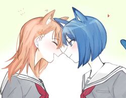 2girls animal_ears blue_eyes blue_hair blush cat_ears cat_girl cat_tail closed_eyes closed_mouth commentary from_side gradient_background green_background grey_shirt hanasato_minori heart kemonomimi_mode kiritani_haruka long_hair multiple_girls necktie nukosakana24 open_mouth orange_hair profile project_sekai red_necktie sailor_collar school_uniform serafuku shirt short_hair smile tail upper_body white_background white_sailor_collar yuri