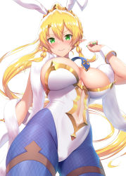 Rule 34 | &gt;:), 1girl, absurdres, animal ears, areola slip, artoria pendragon (all), artoria pendragon (fate), artoria pendragon (swimsuit ruler) (fate), artoria pendragon (swimsuit ruler) (fate) (cosplay), blonde hair, blue pantyhose, blush, braid, breasts, center opening, cleavage, closed mouth, commentary request, cosplay, cowboy shot, elf, fairy, fake animal ears, fate (series), from below, gluteal fold, green eyes, green nails, hand up, high ponytail, highleg, highleg leotard, highres, kawase seiki, large breasts, leafa, leotard, long ears, long hair, looking at viewer, looking down, nail polish, pantyhose, playboy bunny, pointy ears, rabbit ears, shawl, sidelocks, simple background, smile, solo, strapless, strapless leotard, sword art online, thigh strap, twin braids, v-shaped eyebrows, very long hair, white background, white leotard, wrist cuffs