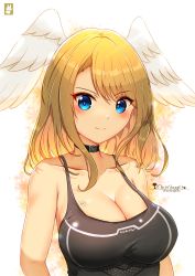 Rule 34 | 1girl, arms at sides, artist name, bare shoulders, belt collar, black shirt, blue eyes, blush, breasts, brown hair, camisole, chinchongcha, cleavage, closed mouth, collar, collarbone, eunie (xenoblade), floral background, hair between eyes, head wings, highres, large breasts, long hair, looking at viewer, shirt, sidelocks, simple background, smile, solo, swept bangs, tattoo, upper body, wings, xenoblade chronicles (series), xenoblade chronicles 3