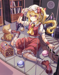 Rule 34 | 1girl, absurdres, animal ears, arm up, ascot, ball, bear ears, bear tail, blonde hair, blush, book, bow, breasts, casket, clock, closed mouth, collared shirt, cross, crystal, dark-skinned female, dark skin, flandre scarlet, floor, frills, grating, grey socks, hair between eyes, hand up, hat, hat bow, heart, highres, indoors, jewelry, laevatein (touhou), looking at viewer, medium breasts, mob cap, multicolored wings, one side up, polearm, puffy short sleeves, puffy sleeves, red bow, red eyes, red footwear, red skirt, red vest, shadow, shirt, shoes, short hair, short sleeves, sitting, skirt, socks, solo, spear, stuffed animal, stuffed toy, tail, teddy bear, touhou, toy, user guzj3374, vest, wall, weapon, white hat, white shirt, wings, wrist cuffs, yellow ascot