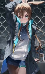 Rule 34 | 1girl, amiya (arknights), animal ears, arknights, arm up, black jacket, blue eyes, blue skirt, brown hair, brown pantyhose, can, chain-link fence, commentary request, fence, hair between eyes, highres, hood, hood down, hooded jacket, jacket, long hair, long sleeves, looking at viewer, night, night sky, ningen mame, open clothes, open jacket, outdoors, pantyhose, parted lips, pleated skirt, rabbit ears, skirt, sky, solo, very long hair
