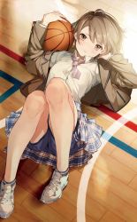 Rule 34 | 1girl, almic, ankle socks, ball, basketball, basketball (object), basketball court, beige jacket, blush, breasts, brown eyes, brown hair, brown jacket, collared shirt, cover image, female focus, floor, from above, gym, gym shorts, highres, holding, holding ball, indoors, jacket, jinguuji rumi, knees up, koi wa futago de warikirenai, light brown hair, long sleeves, looking at viewer, lying, mole, mole under mouth, necktie, novel illustration, official art, on back, on floor, open clothes, open jacket, parted lips, plaid, plaid skirt, pleated skirt, school uniform, shirt, shirt tucked in, shoes, short hair, shorts, shorts under skirt, skirt, sneakers, socks, striped neckwear, swept bangs, textless version, uniform, upskirt, white footwear, white shirt, wooden floor