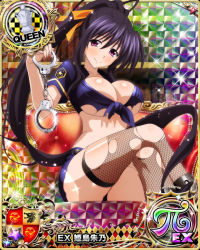 Rule 34 | 1girl, black footwear, black hair, boots, breasts, card (medium), character name, chess piece, closed mouth, crop top, cuffs, fishnet thighhighs, fishnets, hair ribbon, handcuffs, high school dxd, high school dxd pi, himejima akeno, large breasts, long hair, looking at viewer, midriff, official art, police, police uniform, policewoman, ponytail, purple eyes, queen (chess), ribbon, sitting, skirt, smile, solo, source request, thighhighs, torn clothes, torn thighhighs, trading card, uniform, very long hair