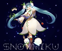 Rule 34 | 1girl, ahoge, aqua eyes, aqua hair, bad id, bad pixiv id, boots, brown footwear, rabbit, character name, flower, fur boots, hatsune miku, headset, lily of the valley, long hair, moocho, open mouth, outstretched arm, snowdrop (flower), twintails, very long hair, vocaloid, yuki miku, yukine (vocaloid)