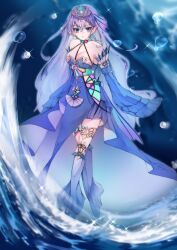 Rule 34 | 1girl, absurdres, armlet, bare shoulders, blue dress, blue eyes, breasts, cleavage, detached sleeves, dress, duel monster, fins, head fins, highres, large breasts, long hair, long sleeves, parted lips, purple hair, signature, solo, tearlaments kitkallos, thighhighs, thighlet, tiara, water, waves, yu-gi-oh!, yumumu