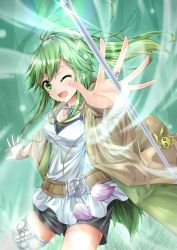 Rule 34 | 1girl, ;d, blush, breasts, collar, collarbone, cowboy shot, duel monster, gloves, green eyes, green hair, hair ornament, highres, jacket, jewelry, large breasts, long hair, looking at viewer, matching hair/eyes, one eye closed, open mouth, ponytail, shorts, shun no shun, smile, solo, staff, symbol-shaped pupils, winda priestess of gusto, yu-gi-oh!