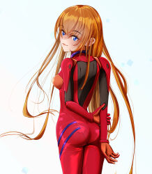 Rule 34 | 1girl, artist request, ass, blue eyes, blush, bodysuit, breasts, brown hair, evangelion: 3.0+1.0 thrice upon a time, hair down, hair ornament, highres, long hair, looking at viewer, looking back, medium breasts, neon genesis evangelion, parted lips, plugsuit, rebuild of evangelion, red bodysuit, simple background, skindentation, smile, solo, souryuu asuka langley, very long hair, wide hips