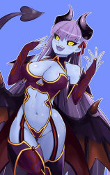 Rule 34 | &gt;:d, 10s, 1girl, :d, bare shoulders, bb (fate), bb (fate/extra), black sclera, blue background, blue skin, breasts, bridal gauntlets, cleavage, colored sclera, colored skin, cosplay, covered erect nipples, cowboy shot, cowfee, demon (monster girl encyclopedia), demon (monster girl encyclopedia) (cosplay), demon girl, demon horns, demon tail, demon wings, detached collar, ear piercing, earrings, elbow gloves, eyes visible through hair, fangs, fate/extra, fate/extra ccc, fate (series), fingernails, garter straps, gloves, gluteal fold, hair ribbon, highres, horns, jewelry, large breasts, long fingernails, long hair, looking at viewer, monster girl encyclopedia, navel, open mouth, piercing, purple hair, revealing clothes, ribbon, simple background, smile, solo, stomach, tail, teeth, thigh gap, thighhighs, thighs, v-shaped eyebrows, very long hair, wings, yellow eyes