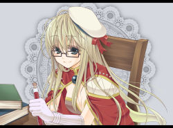 Rule 34 | 1girl, black-framed eyewear, blonde hair, book, book stack, bow, breasts, brown dress, cape, chair, cleavage, closed mouth, commentary request, creator (ragnarok online), dress, glasses, gloves, green eyes, grey background, hair between eyes, hat, hat bow, holding, lace background, letterboxed, living clothes, long hair, looking at viewer, medium breasts, nia (littlestars), potion, ragnarok online, rectangular eyewear, red bow, red cape, sailor hat, smile, solo, strapless, strapless dress, teeth, upper body, vial, wet hat, white gloves