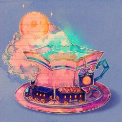 Rule 34 | blue background, cloud, commentary, cookie, cup, english commentary, food, full moon, hoshi-pan, moon, moon print, no humans, object focus, original, plate, shadow, smoke, star (sky), star (symbol), still life, tea, teabag, teacup, train