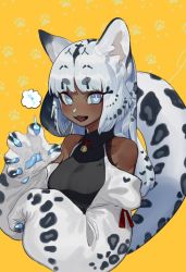 Rule 34 | 1girl, animal ears, bare shoulders, blue eyes, blunt bangs, breasts, bright pupils, claws, commentary request, cropped torso, dark-skinned female, dark skin, fang, leopard ears, leopard girl, leopard tail, long hair, meziro001, open mouth, original, paw print, paw print pattern, slit pupils, solo, spotted hair, tail, thick eyebrows, very dark skin, white fur, white hair, white pupils, wing collar, yellow background