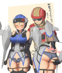 Rule 34 | 1boy, 1girl, anger vein, ass, ass grab, blonde hair, blush, breasts, butt crack, earth defense force, embarrassed, closed eyes, goggles, helmet, jetpack, large breasts, maku ro, military, military uniform, ranger (edf), short shorts, shorts, simple background, thick thighs, thighs, translated, uniform, wing diver