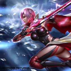 Rule 34 | 1girl, armor, boobplate, boots, breastplate, cape, copyright name, crystal, final fantasy, final fantasy xiii, gloves, glowing, glowing weapon, knee pads, liang xing, lightning farron, lightning returns: final fantasy xiii, looking to the side, pink hair, popped collar, running, shards, shield, solo, square enix, sweat, sword, thigh boots, thighhighs, weapon