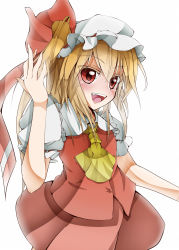 Rule 34 | 1girl, ascot, bad id, bad pixiv id, blonde hair, blush, female focus, flandre scarlet, hair ribbon, hat, highres, ichirugi, open mouth, puffy sleeves, red eyes, ribbon, short hair, short sleeves, side ponytail, solo, touhou, white background