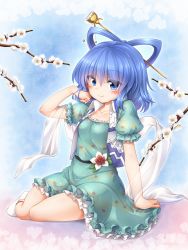 Rule 34 | 1girl, aqua dress, arm support, arm up, bad id, bad pixiv id, black sash, blue background, blue eyes, blue hair, blush, branch, breasts, collarbone, commentary request, dress, flower, frills, hair between eyes, hair ornament, hair rings, hair stick, hand in own hair, highres, kaku seiga, leaf, looking at viewer, marukyuu ameya, no shoes, petticoat, plum blossoms, puffy short sleeves, puffy sleeves, sash, shadow, shawl, short dress, short hair, short sleeves, sitting, small breasts, smile, socks, solo, thighs, touhou, vest, white flower, white socks, white vest, wing collar