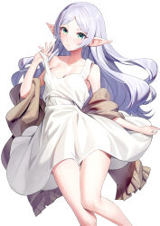 Rule 34 | 1girl, bare shoulders, blush, breasts, brown scarf, cleavage, closed mouth, collarbone, commentary request, dress, elf, frieren, green eyes, grey hair, hair down, hand up, highres, long hair, looking at viewer, parted bangs, pointy ears, pulled by self, ririko (zhuoyandesailaer), scarf, short eyebrows, simple background, sleeveless, sleeveless dress, small breasts, solo, sousou no frieren, strap pull, thick eyebrows, thighs, very long hair, white background, white dress