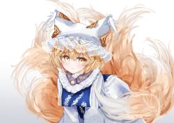 Rule 34 | 1girl, animal hat, blonde hair, blue tabard, blush, closed mouth, commentary request, dress, fox tail, hat, highres, kitsune, kyuubi, leaning forward, long sleeves, looking at viewer, mob cap, multiple tails, sarasadou dan, short hair, sleeves past wrists, smile, solo, tabard, tail, touhou, white dress, yakumo ran, yellow eyes