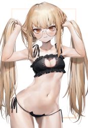 Rule 34 | 1girl, absurdres, armpits, arms up, bare arms, bare shoulders, black bra, black panties, blonde hair, bra, breasts, bunching hair, cat cutout, cat ear panties, cat lingerie, cleavage, cleavage cutout, clothing cutout, collarbone, commission, contrapposto, cowboy shot, frilled bra, frills, frown, girls&#039; frontline, glasses, highres, long hair, looking at viewer, meme attire, navel, orange eyes, panties, poharo, rimless eyewear, round eyewear, second-party source, side-tie panties, sidelocks, small breasts, solo, spaghetti strap, standing, stomach, string panties, twintails, type 80 (girls&#039; frontline), underwear, underwear only, very long hair, wavy mouth
