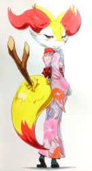 Rule 34 | 025aki, 1girl, absurdres, animal ears, black footwear, blush, braixen, breasts, creatures (company), female focus, floral print, fox ears, fox tail, from behind, full body, furry, furry female, game freak, gen 6 pokemon, half-closed eyes, hand up, highres, japanese clothes, kimono, long sleeves, looking at viewer, looking back, nintendo, obi, open mouth, pink kimono, pokemon, pokemon (creature), pokemon xy, red eyes, sandals, sash, simple background, small breasts, smile, solo, standing, stick, tail, traditional media, white background